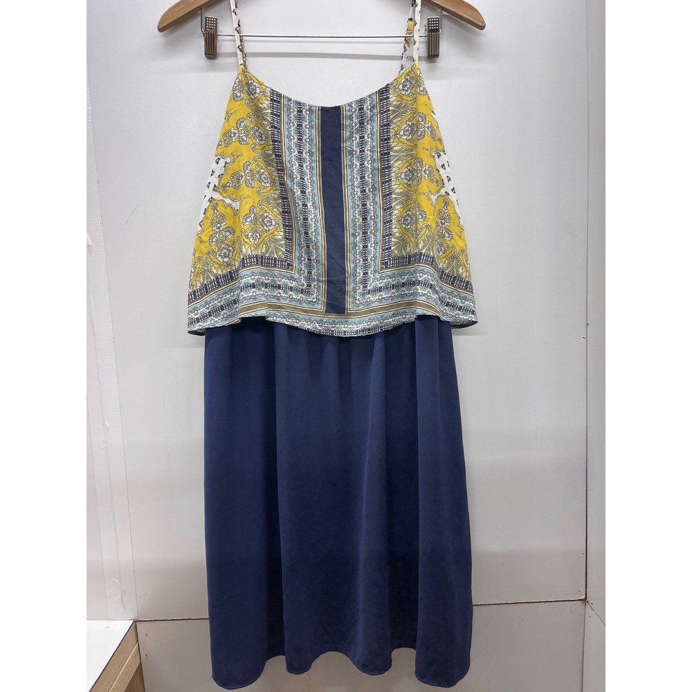 Grain de Malice GDM Scarf Print Layered Midi Dress Navy Blue Yellow Paisley 46